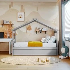 SOFTSEA Twin House Bed With Trundle Twin Platform Bed Frame With Roof For Boys And Girls -Safavieh Furniture 51Jej0POrtL. AC