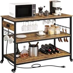 Yaheetech Kitchen Island With Power Outlet, Rolling Kitchen Cart With Wine Rack & Glass Holder & Hooks, Coffee Station Microwave Stand Wine Rack Table For Kitchen/Dinning Room, Rustic Brown