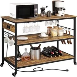 Yaheetech Kitchen Island With Power Outlet, Rolling Kitchen Cart With Wine Rack & Glass Holder & Hooks, Coffee Station Microwave Stand Wine Rack Table For Kitchen/Dinning Room, Rustic Brown -Safavieh Furniture 51JqpSKnrIL. AC