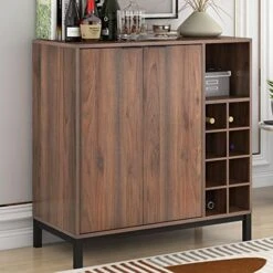 Mid-Century Modern Wood Buffet Sideboard, Coffee Bar Cabinet With Storage Wine Racks, Kitchen Sideboard Home Wine Cabinet For Liquor, 2 Doors, Open Storage Shelves, Dark Brown