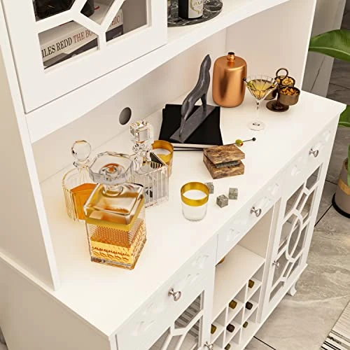ECACAD Large Kitchen Pantry Storage Cabinet With Glass Doors, Drawers & Open Shelves, Freestanding Kitchen Cupboard Buffet Cabinet With Wine Rack For Living Room, White 4 ECACAD Large Kitchen Pantry Storage Cabinet With Glass Doors, Drawers & Open Shelves, Freestanding Kitchen Cupboard Buffet Cabinet With Wine Rack For Living Room, White - Image 4