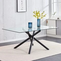 63 Inch Glass Dining Table With Clear Rectangular Glass Top, 4 Chrome Golden Legs Modern Rectangular Glass Kitchen Table Furniture For Home Office Kitchen Dining Room, 4-6 People -Safavieh Furniture 51K2Wj0aDVL. AC