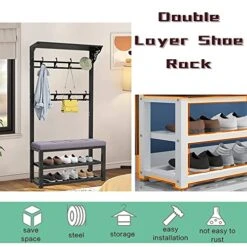 Hall Tree With Removable Hooks And 2-Tier Shoe Stand, Industrial Coat Rack Stand With Shoe Bench, Entryway Storage Shelf, For Living Room,Hallway, Bedroom L:80/100CM 12 Hall Tree With Removable Hooks And 2-Tier Shoe Stand, Industrial Coat Rack Stand With Shoe Bench, Entryway Storage Shelf, For Living Room,Hallway, Bedroom L:80/100CM -Safavieh Furniture 51K3hFlhubL