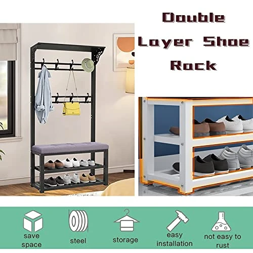 Hall Tree With Removable Hooks And 2-Tier Shoe Stand, Industrial Coat Rack Stand With Shoe Bench, Entryway Storage Shelf, For Living Room,Hallway, Bedroom L:80/100CM 4 Hall Tree With Removable Hooks And 2-Tier Shoe Stand, Industrial Coat Rack Stand With Shoe Bench, Entryway Storage Shelf, For Living Room,Hallway, Bedroom L:80/100CM - Image 4