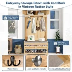FUQARHY Hall Tree With Shoe Storage Bench, Rattan Entryway Bench With Coat Rack With 4 Hooks & Drawers, 5-in-1 Hall Tree With Bench And Shoe Storage For Hallway Mudroom Bedroom(Natural) -Safavieh Furniture 51K8KhYscLL