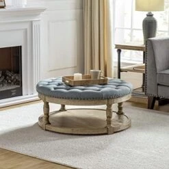 HULALA HOME Large Square Ottoman Coffee Table For Living Room, Button Tufted Cocktail Ottoman With Shelf & Solid Wood Legs, Upholstered Farmhouse Footrest Stool, Beige -Safavieh Furniture 51K9CvTMdGL. AC