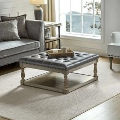 HULALA HOME Large Square Ottoman Coffee Table For Living Room, Button Tufted Cocktail Ottoman With Shelf & Solid Wood Legs, Upholstered Farmhouse Footrest Stool, Beige -Safavieh Furniture 51KAinRQ9qL. AC