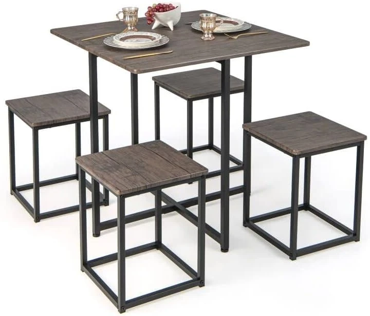 Giantex 5 Piece Dining Table Set, Industrial Kitchen Table Set W/ 4 Stools, Square Space-Saving Bar Table Set For Small Spaces, Apartment, Counter Height Table Sets W/Metal Frame (Natural & Black) 5 Giantex 5 Piece Dining Table Set, Industrial Kitchen Table Set W/ 4 Stools, Square Space-Saving Bar Table Set For Small Spaces, Apartment, Counter Height Table Sets W/Metal Frame (Natural & Black) - Image 5