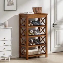 Bamworld Entryway Bench 5 Tier Wooden Storage Benches Rustic Solid Wood Shoe Rack (X-Brown,23.6") -Safavieh Furniture 51KDF0YmvDL. AC