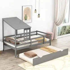 Twin Size Low Loft Bed With Trundle And Storage Drawers,Wood Bed Frame With Full Safety Fence For Kids Girls Boys(Grey) -Safavieh Furniture 51KElUXwQHL. AC