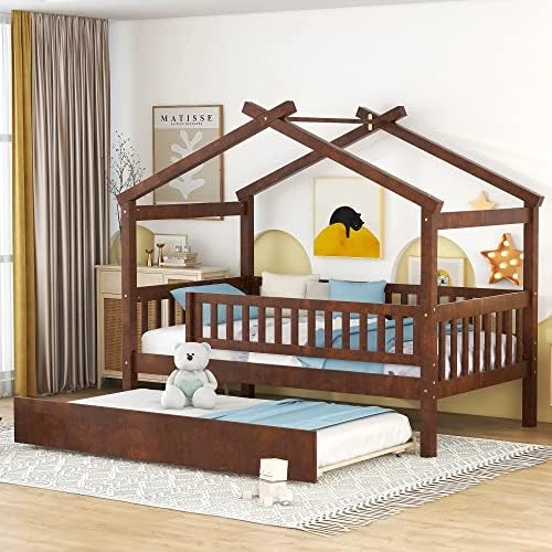 DEINPPA Full House Bed With Trundle, Kids Bed With Fence Guardrails, Wood Bed Frame, Decorative Roof Designs, No Box Spring Needed, For Boys Girls Toddler Kids-Walnut 12 DEINPPA Full House Bed With Trundle, Kids Bed With Fence Guardrails, Wood Bed Frame, Decorative Roof Designs, No Box Spring Needed, For Boys Girls Toddler Kids-Walnut - Image 12