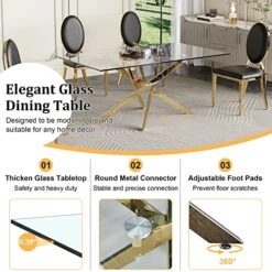 Pvillez Contemporary Glass Dining Table For 6 People, 63 Inch Rectangular Glass Kitchen Table For Dining Room Kitchen, Modern Tempered Glass Top Dining Table With Gold Stainless Steel Pedestal Base -Safavieh Furniture 51KRSJnjdmL