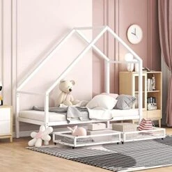 Quarte Metal Twin Size House Bed With Two Storage Drawers,Platform Bed With Roof And Slat Support,for Kid Teens Boys Girls Bedroom Use (Pink#e, Twin) -Safavieh Furniture 51KWq1pjD5L. AC 1