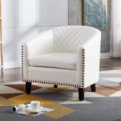 SSLine Modern White Leather Upholstered Accent Arm Chair Soft Barrel Club Chairs For Living Room Comfy Single Sofa Office Guest Chatting Chair With Solid Wood Legs And Nailhead For Bedroom (White) -Safavieh Furniture 51KjI dAogL. AC