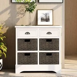 Merax Brown Morden Farmhouse Wood Storage Cabinet With Four Classic Rattan Basket Buffet Sideboard Brownrd For Kitchen/Dining Entryway/Living Room Light Grey, One -Safavieh Furniture 51KkyPQNUHL. AC 1