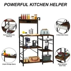 Kinbor Bakers Rack With Power Outlet - Microwave Stand, Coffee Bar, Kitchen Storage Shelves W/Wire Basket, 6 S-Hooks For Spice, Pots And Pans Organizer, Rustic Brown And Black 9 Kinbor Bakers Rack With Power Outlet - Microwave Stand, Coffee Bar, Kitchen Storage Shelves W/Wire Basket, 6 S-Hooks For Spice, Pots And Pans Organizer, Rustic Brown And Black -Safavieh Furniture 51KpdsihO1L