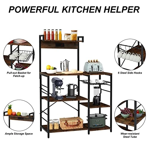 Kinbor Bakers Rack With Power Outlet - Microwave Stand, Coffee Bar, Kitchen Storage Shelves W/Wire Basket, 6 S-Hooks For Spice, Pots And Pans Organizer, Rustic Brown And Black 3 Kinbor Bakers Rack With Power Outlet - Microwave Stand, Coffee Bar, Kitchen Storage Shelves W/Wire Basket, 6 S-Hooks For Spice, Pots And Pans Organizer, Rustic Brown And Black - Image 3