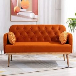 55-inch Small Velvet Couch With Elegant Moon Shape Pillows, Twin Size Loveseat Accent Sofa With Golden Metal Legs, Living Room Sofa With Tufted Backrest, 600 Pounds Weight Capacity, Orange -Safavieh Furniture 51KrbLJ7p9L. AC