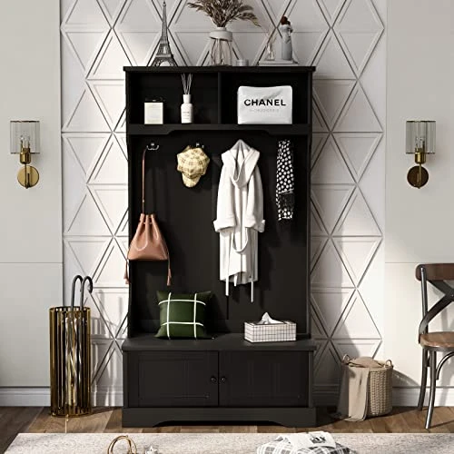 Hall Tree With Bench And Shoe Storage, 3 In 1 Entryway Bench With Coat Rack, Mudroom Bench With Storage And 4 Double Hooks, Entryway Furniture For Hallway (Black, 40" L X 18.5" W X 72" H) 3 Hall Tree With Bench And Shoe Storage, 3 In 1 Entryway Bench With Coat Rack, Mudroom Bench With Storage And 4 Double Hooks, Entryway Furniture For Hallway (Black, 40" L X 18.5" W X 72" H) - Image 3
