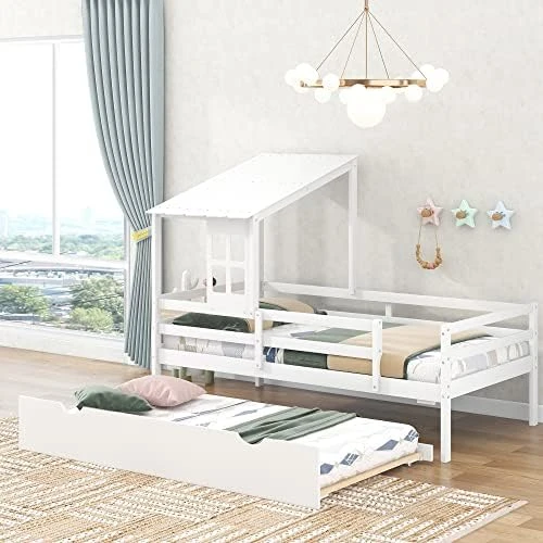 House Bed Full For Kids With Storage Drawer, Wood Cabin Tent Bed Frame For Girls Boys, Montessori Beds With Roof And Window, Full Size, Green 11 House Bed Full For Kids With Storage Drawer, Wood Cabin Tent Bed Frame For Girls Boys, Montessori Beds With Roof And Window, Full Size, Green - Image 11