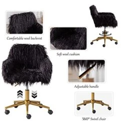 KCC Fluffy Office Desk Chair, Faux Fur Modern Swivel Armchair With Wheels, Soft Comfy Fuzzy Elegant Accent Makeup Vanity Chairs For Women Girls, Home Living Dressing Room Bedroom, Black -Safavieh Furniture 51Kxo6S6wpL