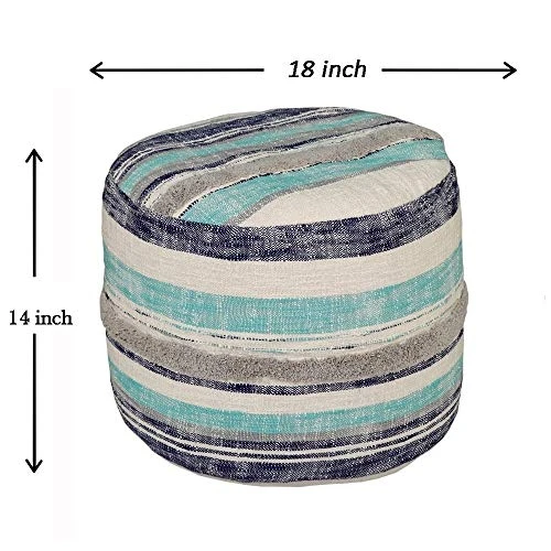 LR Home Coastal Stripe Pouf, 18"x14", White/Blue 4 LR Home Coastal Stripe Pouf, 18"x14", White/Blue - Image 4