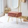 Fefances Large Vanity Stool Chair For Makeup Room Modern Velvet Square Ottoman Comfortable Footrest Stool With V Gold Legs Pink