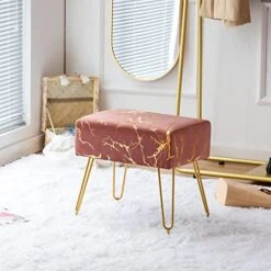 Fefances Large Vanity Stool Chair For Makeup Room Modern Velvet Square Ottoman Comfortable Footrest Stool With V Gold Legs Pink