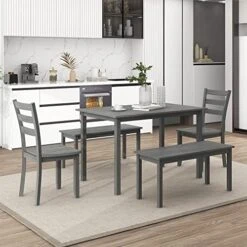 P PURLOVE 5 Piece Dining Table Set For 4,Mid-Century Table And Bench And 4 Faux Leather Dining Chairs For Home Kitchen Dining Room,Wood Kitchen Table Set For 4 -Safavieh Furniture 51L2txH6aTL. AC 1
