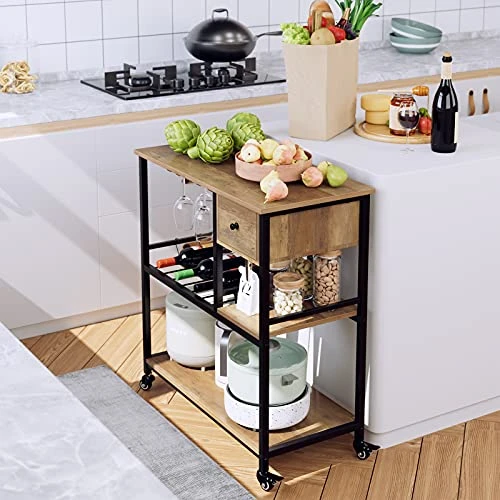 URKNO Bar Cart For Home, Mobile Kitchen Baker's Rack With Drawer, Industrial Wine Cart Microwave Stands With Wine Rack, Glass Holder, Hooks, Rustic Brown 2 URKNO Bar Cart For Home, Mobile Kitchen Baker's Rack With Drawer, Industrial Wine Cart Microwave Stands With Wine Rack, Glass Holder, Hooks, Rustic Brown - Image 2
