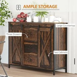 HOMCOM Industrial Farmhouse Buffet Cabinet, Kitchen Sideboard With Sliding Barn Doors, Three Drawers And Adjustable Shelves For Living Room, Rustic Brown -Safavieh Furniture 51LFAKECWhL
