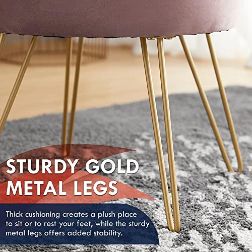 Ornavo Home Modern Round Velvet Storage Ottoman Foot Rest Vanity Stool/Seat With Gold Metal Legs & Tray Top Coffee Table - Blush 2 Ornavo Home Modern Round Velvet Storage Ottoman Foot Rest Vanity Stool/Seat With Gold Metal Legs & Tray Top Coffee Table - Blush - Image 2
