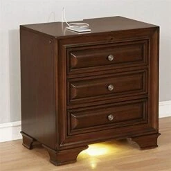 BOWERY HILL Transitional Solid Wood 3-Drawer Nightstand In Brown Cherry
