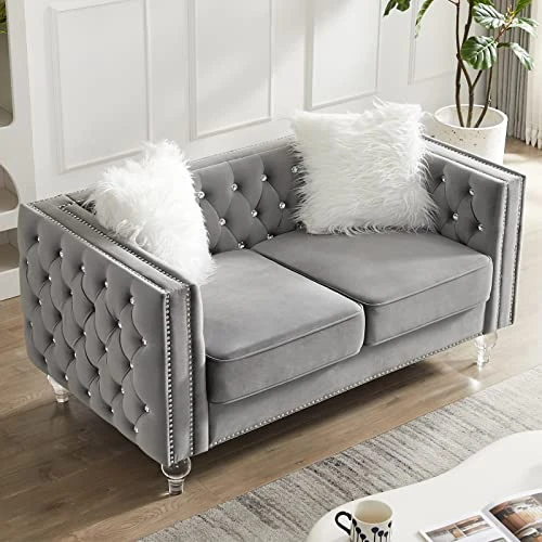 Mikibama Velvet Loveseat Sofa 59 Inch Jeweled Buttons Tufted Loveseat With Acrylic Crystal Legs And 2 Pillows Modern Furniture For Living Room, Bedroom(Grey) 2 Mikibama Velvet Loveseat Sofa 59 Inch Jeweled Buttons Tufted Loveseat With Acrylic Crystal Legs And 2 Pillows Modern Furniture For Living Room, Bedroom(Grey) - Image 2