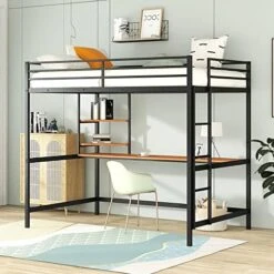 Harper & Bright Designs Full Size Loft Bed With Desk, Heavy Duty Metal Loft Bed Full With Shelves, Full Loft Bed Frame For Kids,Teens, No Box Spring Needed,Silver -Safavieh Furniture 51LMTucR1ML. AC