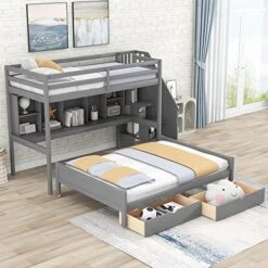 Harper & Bright Designs Twin XL Over Full Bunk Bed Frame With Built-in Storage Shelves For Kids Boys Girls, Drawers And Staircase,Gray 11 Harper & Bright Designs Twin XL Over Full Bunk Bed Frame With Built-in Storage Shelves For Kids Boys Girls, Drawers And Staircase,Gray -Safavieh Furniture 51LNjkX2AwL