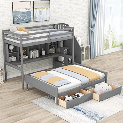 Harper & Bright Designs Twin XL Over Full Bunk Bed Frame With Built-in Storage Shelves For Kids Boys Girls, Drawers And Staircase,Gray 4 Harper & Bright Designs Twin XL Over Full Bunk Bed Frame With Built-in Storage Shelves For Kids Boys Girls, Drawers And Staircase,Gray - Image 4