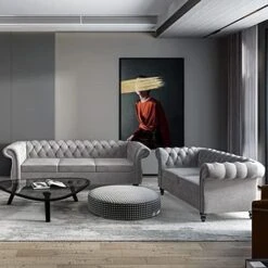 MIYZEAL 2 Pieces Living Room Sectional Sofa Set, Modern Velvet Button Tufted Chesterfield Sofa With Rolled Arm, Classic Upholstered Low Back Loveseat 3 Seater Couch For Living Room (Gray) -Safavieh Furniture 51LjYcz2dcL. AC