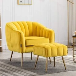 Artechworks Velvet Modern Tub Barrel Arm Chair Upholstered Tufted With Gold Metal Legs Accent Club Chair With Ottoman Footrest For Living Reading Room Bedroom, Green -Safavieh Furniture 51LmXHJ52lL. AC