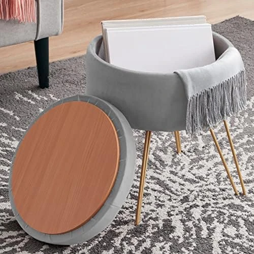 Ornavo Home Modern Round Velvet Storage Ottoman Foot Rest Vanity Stool/Seat With Gold Metal Legs & Tray Top Coffee Table - Blush 8 Ornavo Home Modern Round Velvet Storage Ottoman Foot Rest Vanity Stool/Seat With Gold Metal Legs & Tray Top Coffee Table - Blush - Image 8