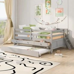 Twin Size Low Loft Bed With Trundle And Storage Drawers,Wood Bed Frame With Full Safety Fence For Kids Girls Boys(Grey) -Safavieh Furniture 51Lrrr5DSGL. AC