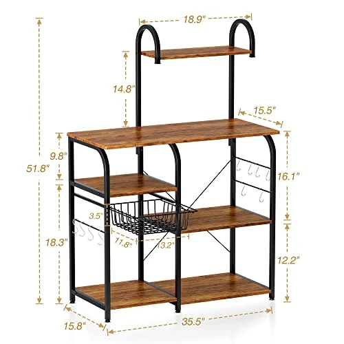 Mr IRONSTONE Bakers Rack Microwave Stand Kitchen Cart 35.5" Microwave Cart 3-Tier+4-Tier Kitchen Shelves For Spice Rack Organizer Coffee Station With 10 Hooks, Easy To Assemble (Vintage) 4 Mr IRONSTONE Bakers Rack Microwave Stand Kitchen Cart 35.5" Microwave Cart 3-Tier+4-Tier Kitchen Shelves For Spice Rack Organizer Coffee Station With 10 Hooks, Easy To Assemble (Vintage) - Image 4