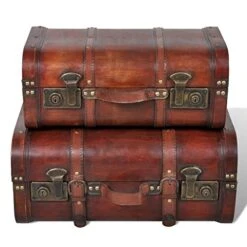 Wooden Treasure Chest Storage Trunk, 2 Pack Small + Large Decorative Chest With Lockable Latch And Leather Grip For Kids Gift Home Livingroom Bedroom Cafe Bar Hotel Decor