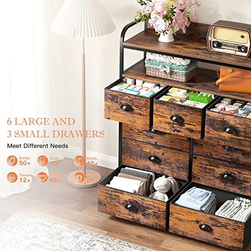 Enhomee Dresser For Bedroom, Chest Of Drawers For Bedroom,Tall Dresser With 9 Drawer Dresser,Fabric Dresser For Closet With Wood Top For Nursery,Living Room,Entryway,2 Shelves,Metal Frame,Rustic Brown 3 Enhomee Dresser For Bedroom, Chest Of Drawers For Bedroom,Tall Dresser With 9 Drawer Dresser,Fabric Dresser For Closet With Wood Top For Nursery,Living Room,Entryway,2 Shelves,Metal Frame,Rustic Brown - Image 3