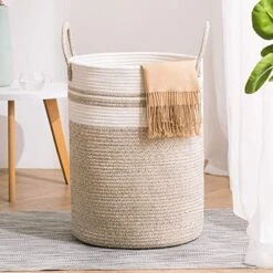 YOUDENOVA Woven Rope Laundry Hamper Basket, 58L Tall Laundry Basket For Blanket Organizer- Clothes Hamper For Bedroom Storage, Baby Kids Nursery Hamper-Large-Brown