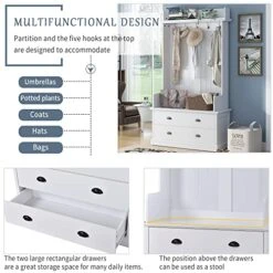 Hallway Coat Hanger Vintage Look 5 Metal Hooks Large Drawers White Entryway Organizer