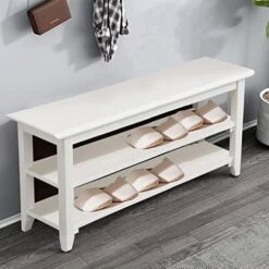 Dewfig Shoe Rack Bench, 3-Tier Shoe Shelf Organizer,10-Pairs Entryway Storage Bench For Hallway, Bedroom, Living Room, Bedroom, Hold Up To 550 Lbs, Solid Wood, Natural -Safavieh Furniture 51Me9DExxBL. AC