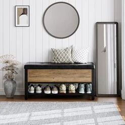 URKNO Industrial Storage Bench, Flip Top Long Shoe Bench, Upholstered Bed End Stool With Leather Padded Seat And Shelf, For Hallway,Living Room, Bedroom, Rustic Brown
