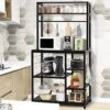 Bakers Rack With Storage, Industrial Microwave Oven Stand With Storage Mesh Panels And Sliding Hooks,Coffee Bar Stand With Wine Rack,Spice Rack, For Kitchen And Living Room, Black