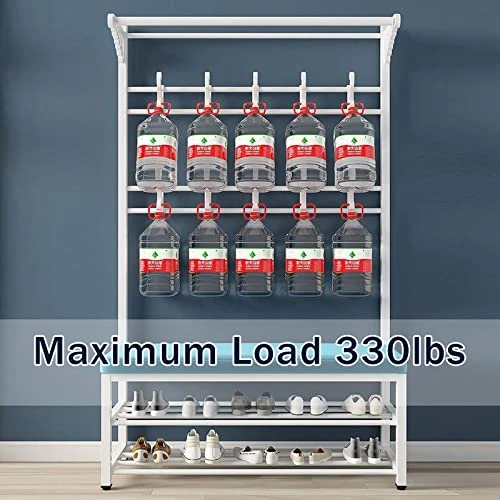 Entryway Bench With Coat Rack, Hall Tree With Bench And Shoe Storage, 2-Tier Storage Shelf And 7 Hooks Removable, Industrial Accent Furniture With Steel Frame ( Metal : White , Size : 31.5"W X 13"D X 2 Entryway Bench With Coat Rack, Hall Tree With Bench And Shoe Storage, 2-Tier Storage Shelf And 7 Hooks Removable, Industrial Accent Furniture With Steel Frame ( Metal : White , Size : 31.5"W X 13"D X - Image 2